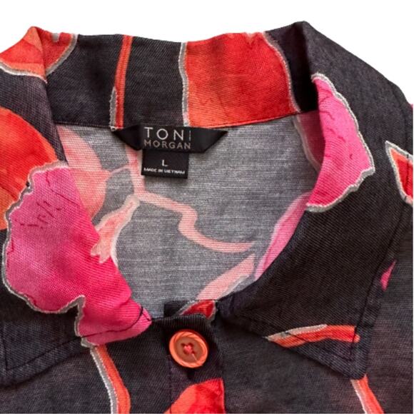 Toni Morgan Blouse Top Black Pink Orange Floral 3/4 Sleeve Button Front Large - Picture 2 of 11